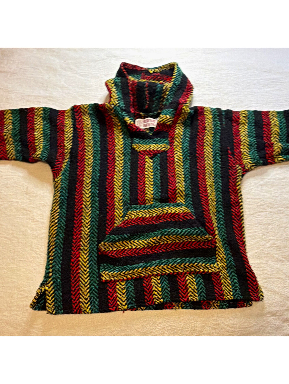 Men's Multicolor Striped Knit Baja Pullover Hoodie V-Neck Relaxed Fit M